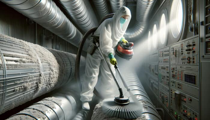 Technician performing duct cleaning with rotary brushes and vacuum, followed by applying sanitizing spray.