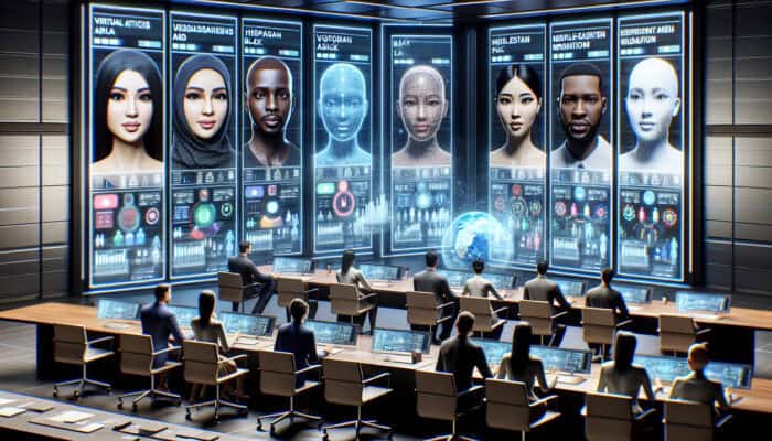 A global network of diverse human virtual assistants displayed on screens with performance metrics and experts analyzing data in a modern control room.