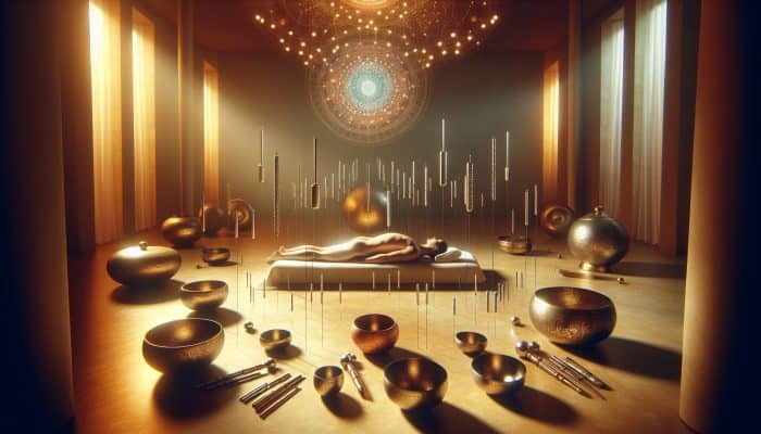 A serene room with acupuncture needles on a patient and sound therapy instruments creating a healing atmosphere.