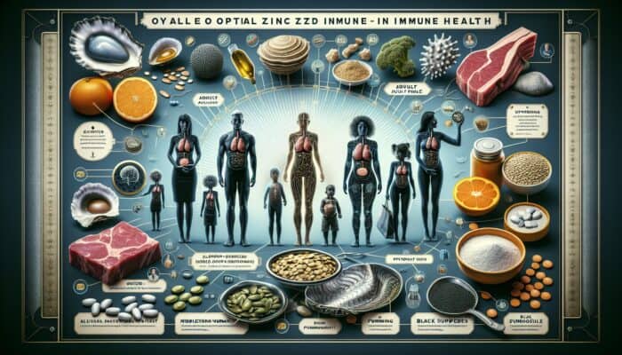 Infographic illustrating zinc's importance in immune health, optimal dosages for different demographics, and dietary sources.