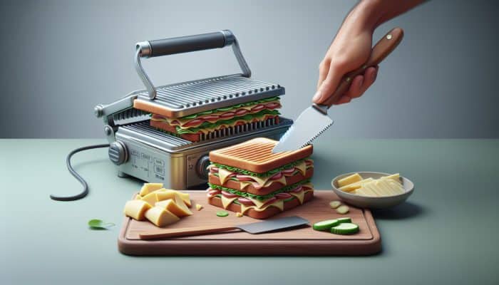 Cuban sandwich assembly on cutting board, using serrated knife, panini press, and spatula.