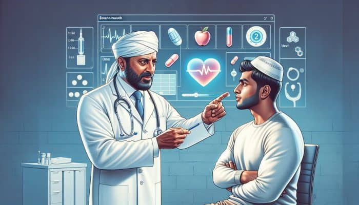 A UK doctor in a white coat explains testosterone levels on a digital chart to a patient in a clinic, showing 300-1000 ng/dL ranges with medical tools around.