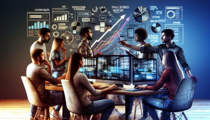 A team of web designers collaborates in a modern Poole office on a restaurant website redesign, analyzing screens and a 30% increase in inquiries.