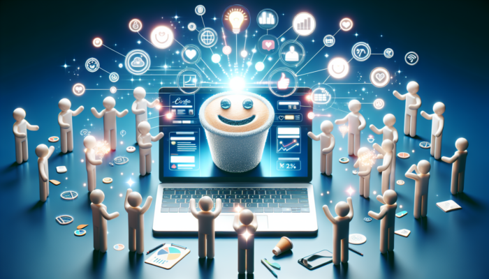 A modern website for a Poole coffee shop displayed on a laptop, featuring interactive menus, engaging blog posts, and cheerful users sharing on social media.